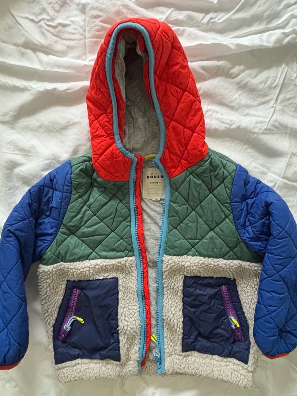 Mini Boden Kids/Toddler Quilted Colorblock Hooded Jacket — Red, Blue, Green